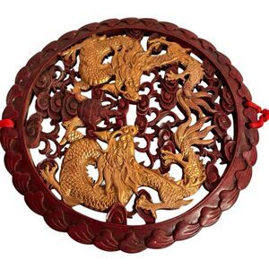 Decorative Chinese Dragon Wall Hanger W/ 2 Gold Dragons Resin Carving 11” Across